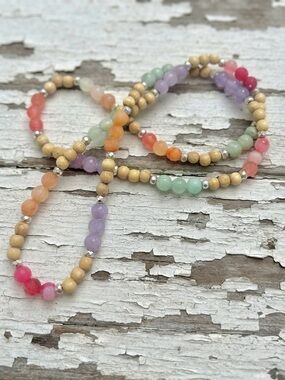 Pastel Multi-Colour Quartz & Wood Beaded Stretchy Triple Wrap Bracelet
